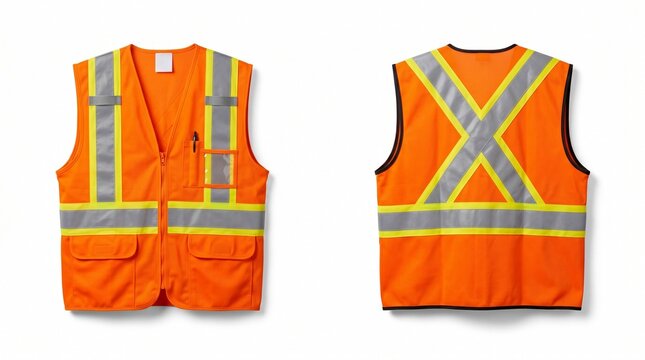 Orange reflective safety vest front and back views isolated on white