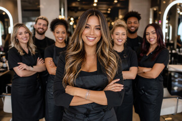 Fototapeta premium Confident female salon owner with diverse beauty team in luxury salon, hairstylists, makeup artists, nail technicians cosmetology professionals premium spa business fashion wellness self care industry