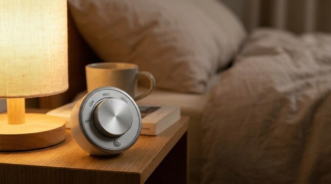 Compact electric fan remote control with simple dial and button, modern design on a bedside table.