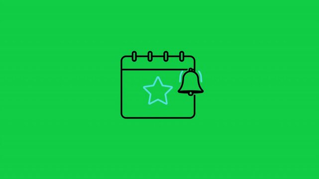 Animated outline icon of calendar with star and vibrating bell, symbolizing event highlight and notification in public relations business context in green screen background 