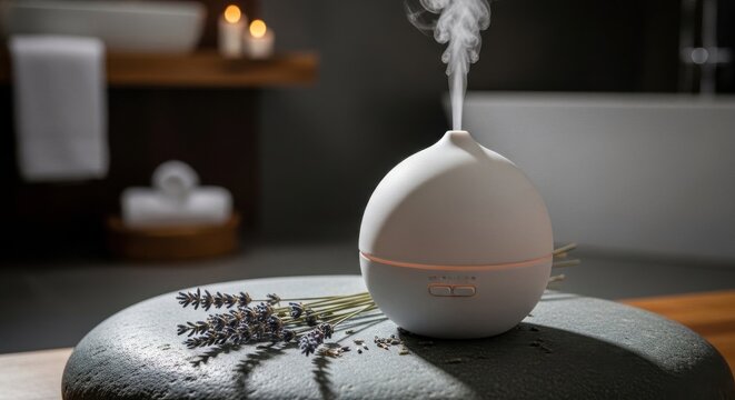 Modern white ceramic aromatherapy diffuser emitting a gentle mist with lavender sprigs