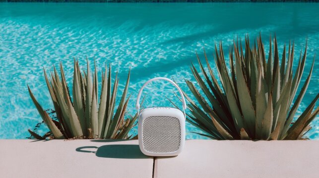 White portable speaker placed beside a swimming pool with vibrant aqua water and green succulents under bright sun, perfect for summer relaxation