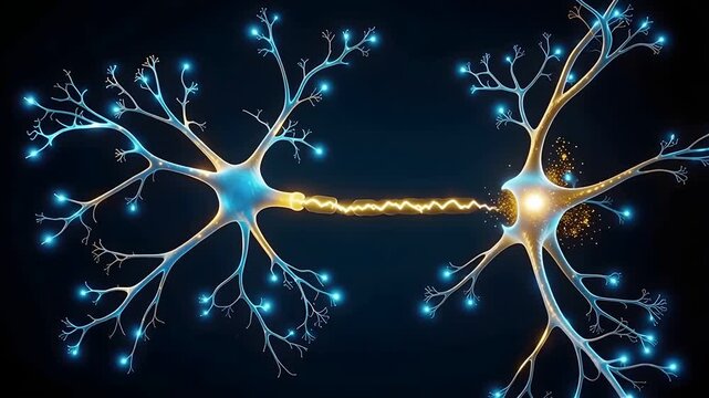 Glowing neuron with electric pulse traveling along axon and sparking across synapse on dark background, brain health 4K loop