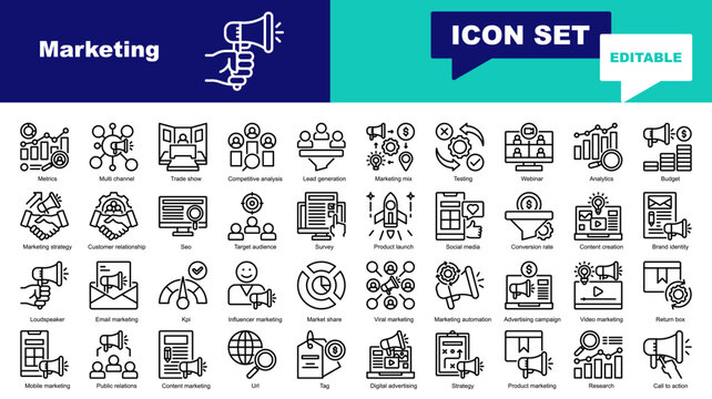 Marketing icon set. Vector icons for Metrics, Multi channel, Trade show, Marketing mix, Testing, Marketing strategy, Customer relationship, Seo, Target audience, Product launch