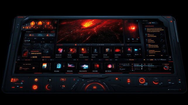 Futuristic high tech control dashboard with glowing red indicators and holographic panels