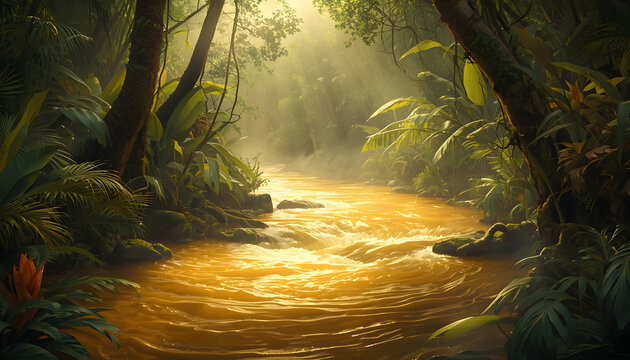 Sunlit Jungle River in a Tropical Rainforest