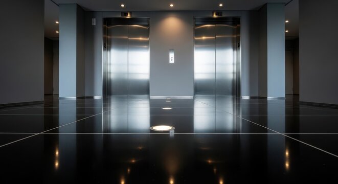 Two modern stainless steel elevators in a building lobby with a highly reflective black floor.