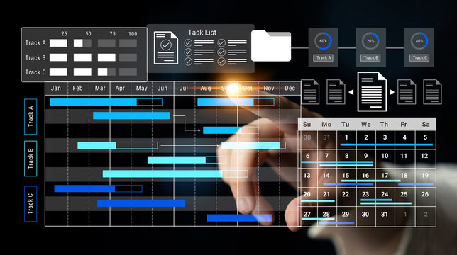 A digital representation of a modern project management tool showcasing a Gantt chart, task list, and calendar for efficient planning and tracking. Gantry