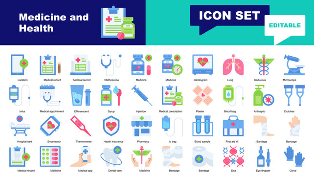 Medicine and Health icon set. Vector icons for Medicine, Health, Medical record, Stethoscope, Cardiogram, Lung, Caduceus, Infus, Effervescent, Syrup, Injection, prescription