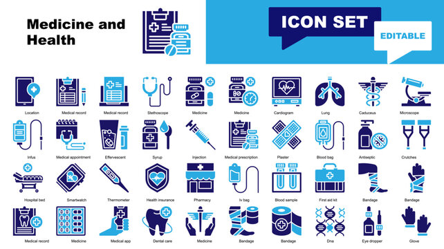 Medicine and Health icon set. Vector icons for Medicine, Health, Medical record, Stethoscope, Cardiogram, Lung, Caduceus, Infus, Effervescent, Syrup, Injection, prescription