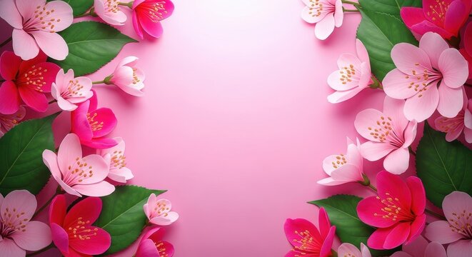 Beautiful pink spring flowers forming a frame on a pastel pink background with copy space