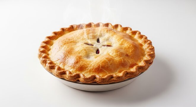 Freshly baked hot homemade pie with steam rising on a light background