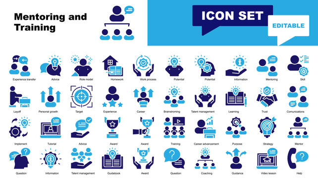 Mentoring and Training icon set. Vector icons for Training, Advice, Role model, Homework, Work process, Potential, Potential, Information, Mentoring, Skill, Layoff, Personal growth