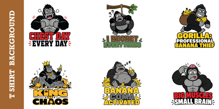 Funny gorilla t shirt designs collection with muscular apes and humorous workout slogans.
