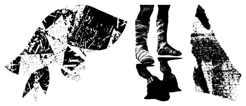 Gritty assemblage featuring a textured silhouette, weathered human feet, and a jagged slab. This stencil style piece uses heavy grain and high contrast to create a raw, industrial aesthetic.