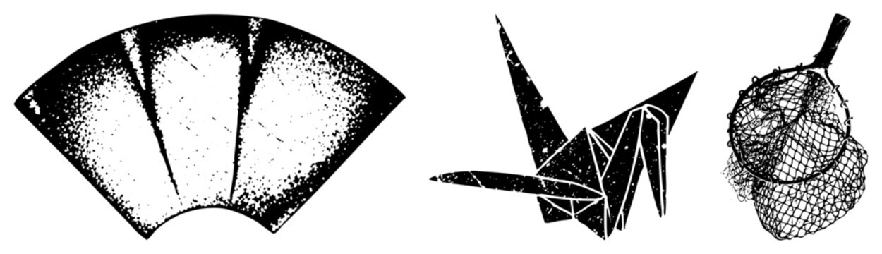 This distressed set contains a traditional sensu, an origami orizuru, and a rustic fishing landing net. These gritty black and white stencil elements feature a heavy halftone texture.