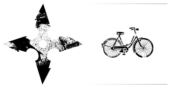 Weathered throwing star and a retro pedal cycle are featured in this gritty collection. This set includes a worn kunai and a classic, both rendered in a high contrast stencil style.