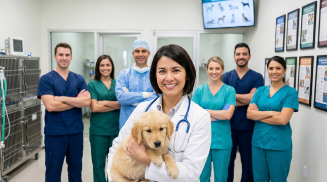 Female veterinarian holding pet dog with animal clinic team, pet care specialists, veterinary surgeons, healthcare staff, pet hospital, veterinary medicine, modern clinic, animal healthcare profession
