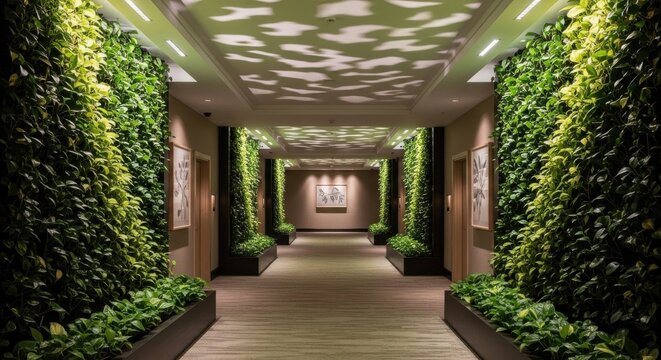 Elegant hotel hallway featuring lush vertical gardens and dappled uplighting creating a serene and luxurious ambiance