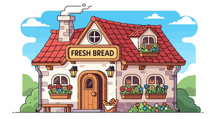 Naklejka premium Charming Bakery Shop Illustration with Fresh Bread Sign