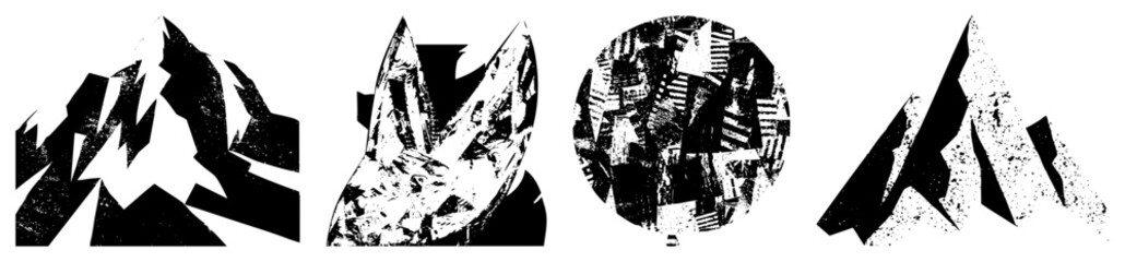 Obraz premium Collection of gritty black and white textures featuring jagged and textured blobs. These punk style splatters and ink blots provide a raw, high contrast aesthetic for creative projects.