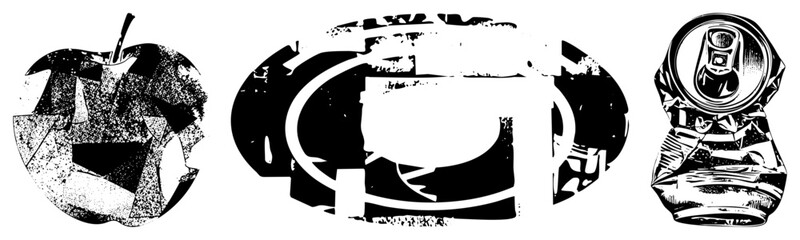 Obraz premium Textured collage featuring a stylized fruit, a crushed tin, and an oval frame. This gritty stencil set uses heavy ink splatter and high contrast shapes.