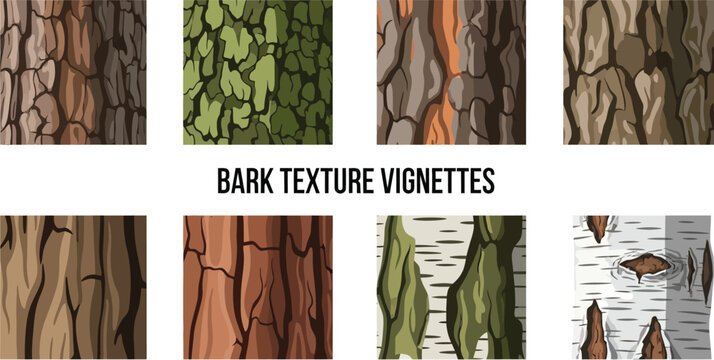 A collection of eight illustrated square tiles showcasing various bark textures in distinct colors and patterns