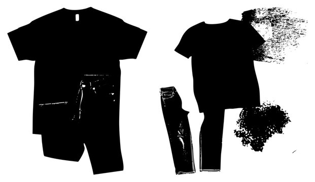 This grunge stencil features a basic tee and trousers, a classic streetwear kit consisting of a top and bottoms. These urban threads represent a raw, casual clothing set for modern fashion.
