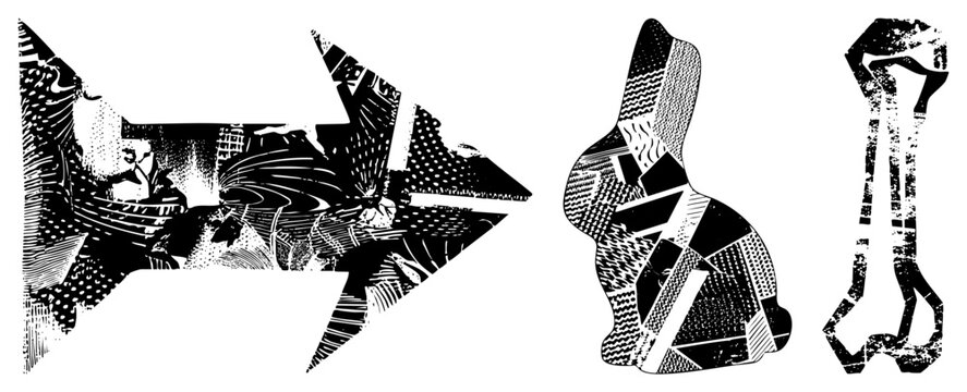 This stylized composition features a fragmented arrow and a bunny silhouette. The piece uses a gritty halftone texture and collage aesthetic, blending a jackrabbit shape with abstract.