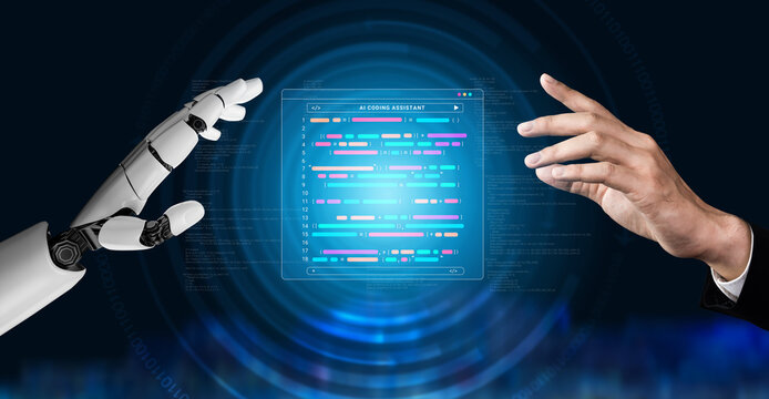 A human hand reaches out to interact with a robot hand, engaging with a glowing digital interface. This image symbolizes the collaboration between humans and advanced technology. Cyphers