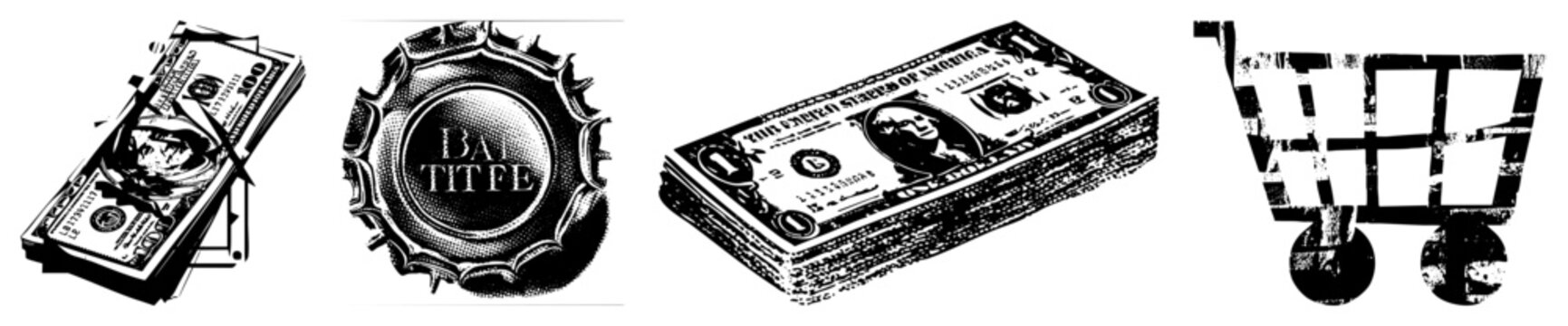 Gritty stencil style composition featuring stacks of greenbacks, a metal bottle cap, and a grocery trolley. This punk aesthetic uses high contrast halftone for an edgy urban feel.