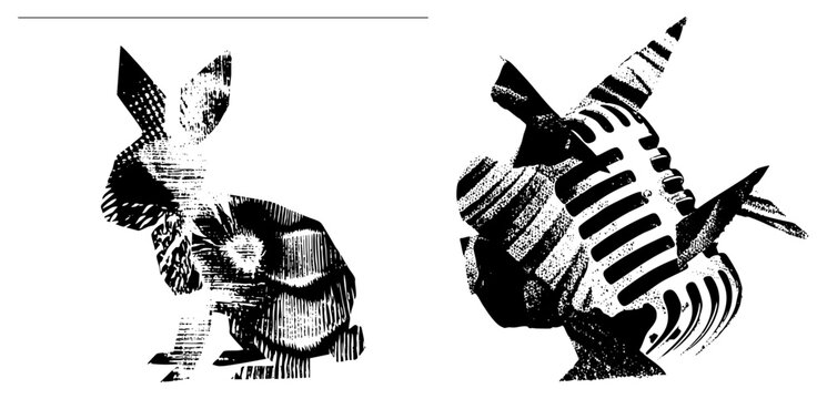 Stylized bunny rabbit and an abstract shape featuring high contrast halftone. This buck and jackrabbit art utilizes gritty stencil aesthetics and fragmented.
