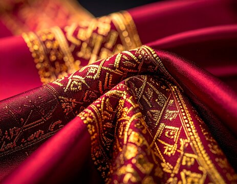 Intricate Gold Thread Pattern on Draped Red Songket Silk Fabric, Close-Up of Traditional Malay Wedding Ceremonial Cloth