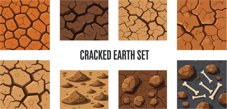 A set of eight distinct square tiles displaying various textures of cracked arid earth rocks and scattered bones