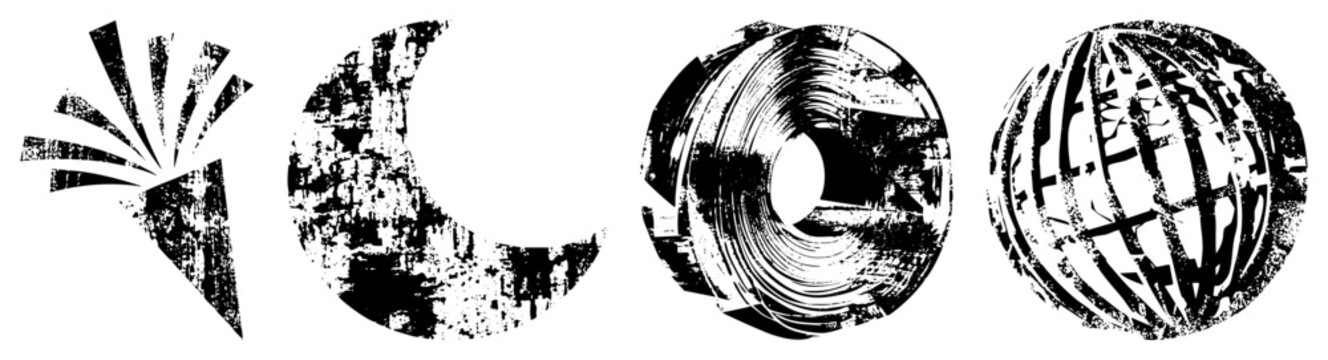 Set of raw urban textures featuring a gritty, a dark void ring, and a rough sphere. These distressed stencil bits and street style blots add heavy texture to any design.