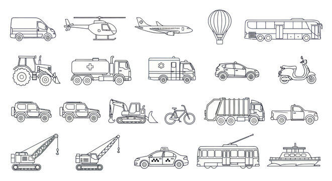 Vehicles move on land with various transport modes nearby outside