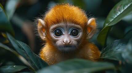 Obraz premium Baby monkey portrait amidst lush foliage