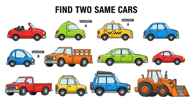 A colorful illustration of various cars and trucks for kids to find matching vehicles