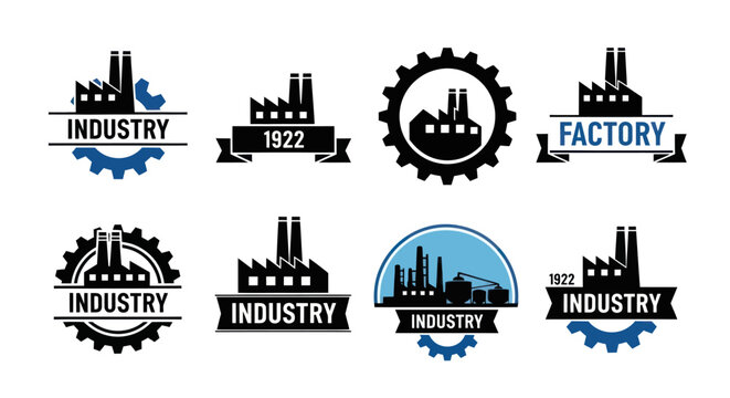 Various industry logos and icons showcase factory and manufacturing symbols with gears.