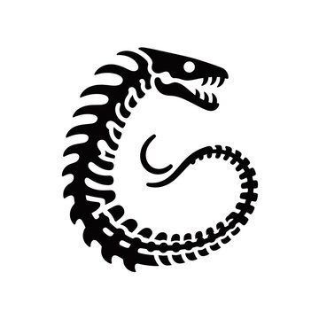 Black and white stylized illustration of a snake skeleton coiled into the shape of the letter G, featuring a detailed head with teeth.