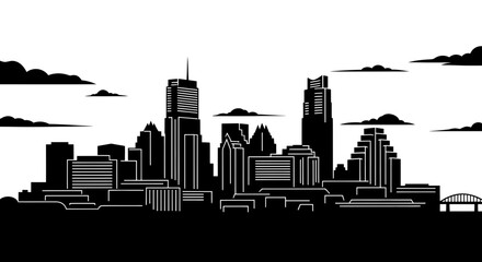 Obraz premium Modern Cityscape Skyline Silhouette, Black and White Illustration