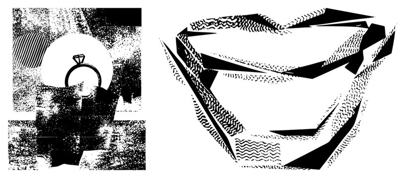 This edgy piece features a distorted ring or band, often called a hoop or circlet, merged with sharp jagged. The heavy grain and halftone textures create a gritty, punk inspired aesthetic.