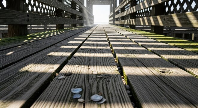Weathered, salt-stained wooden planks of a seaside pier walkway leading to bright ocean horizon