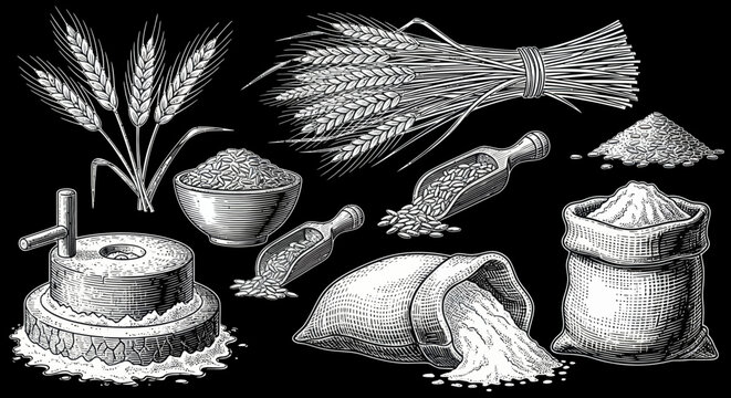 Ancient grains are harvested, threshed, and processed into flour in a rustic scene
