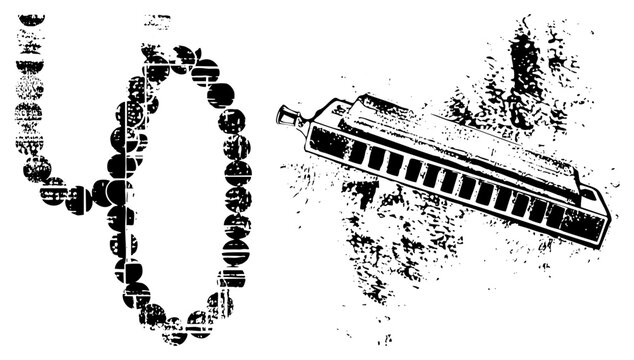 Edgy stencil style featuring a musical mouth organ alongside textured typographic shapes. This weathered blues harp and gritty letterform set evokes a raw, vintage aesthetic.