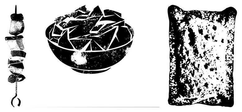 Hand drawn rustic elements featuring a shish kebab skewer, a bowl of burning coals, and a rough stone slab. This grunge collection uses heavy stipple textures and high contrast shapes.