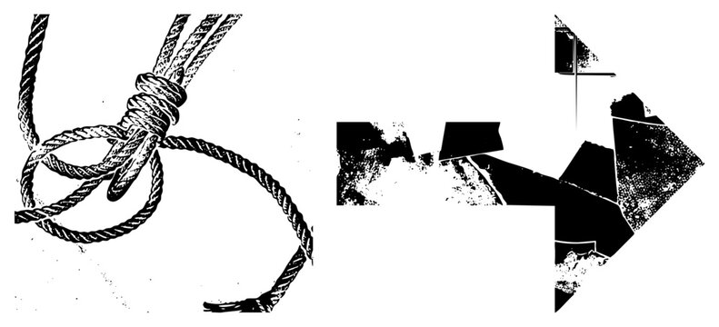 This distressed graphic features a heavy hangmans knot and a rough arrow, presenting a dark outlaw aesthetic. The rope lasso and broken pointer elements use a stark stencil style.