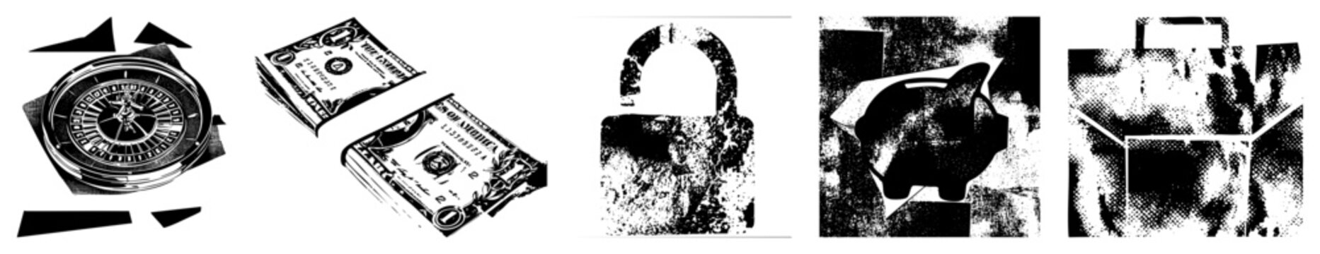 Raw stencil collection featuring greenbacks, a heavy padlock, and a coin bank. This collage includes cash stacks, a piggy bank, and security hardware in a distressed halftone style.