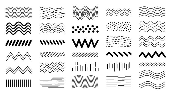 Abstract Geometric Line Pattern Set Featuring Hand Drawn Zigzag Waves Minimalist Dashed Textures Polka Dots and Modern Graphic Design Border Divider Elements