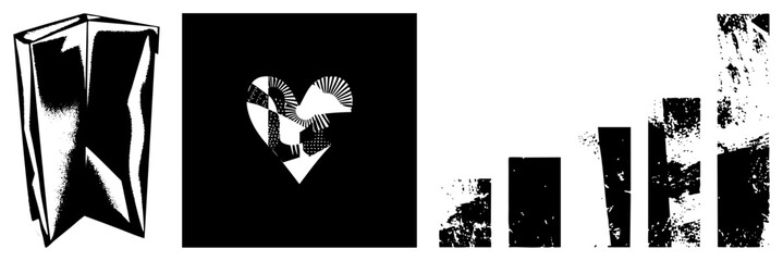 Fototapeta premium Gritty collection featuring a stylized love symbol and a crumpled grocery sack. This set includes a paper bag, a crinkled sack, and a textured heart using high contrast halftone.